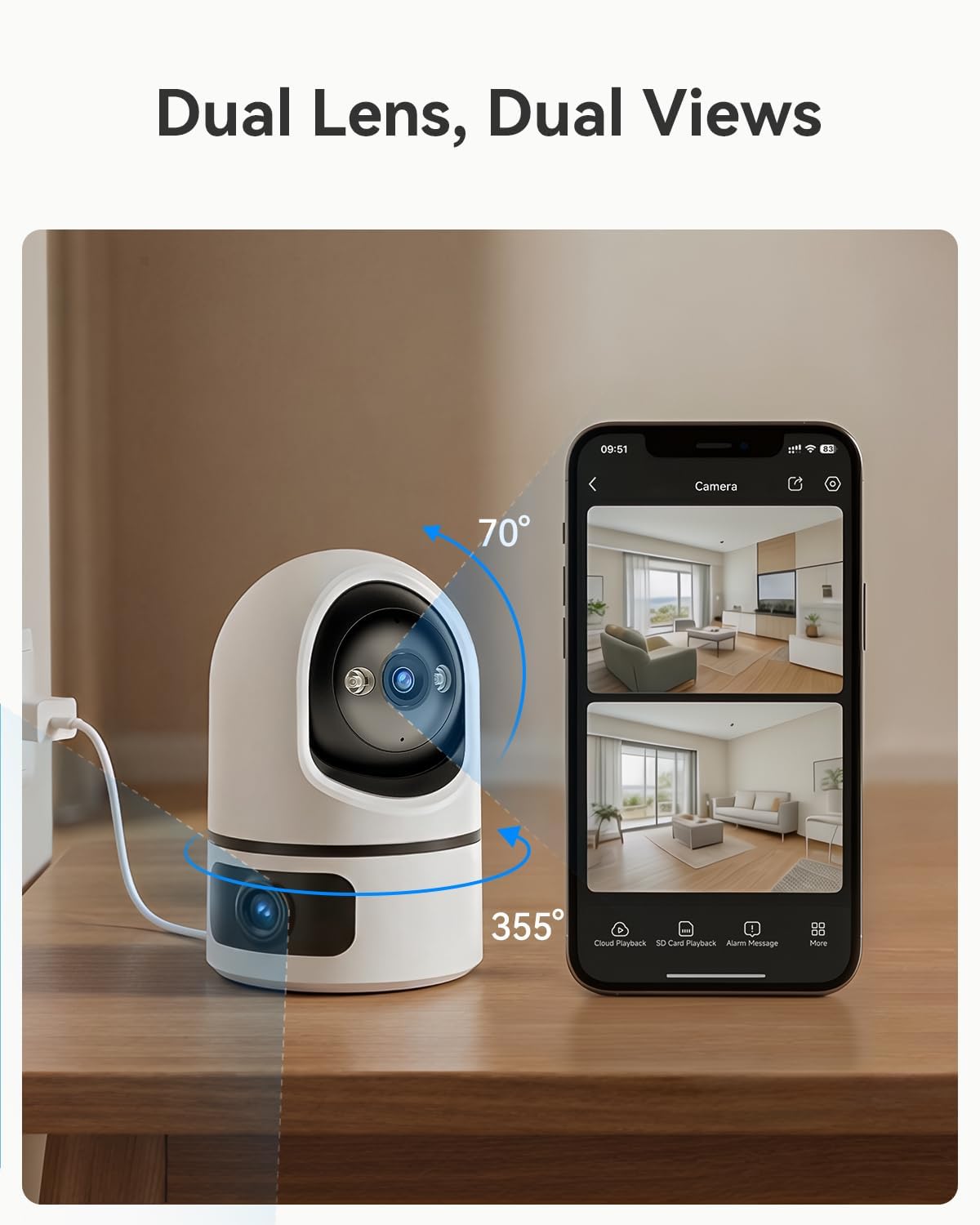 LongPlus 4MP Dual Lens Indoor Security Camera, Pan Tilt Wi-Fi Baby Monitor