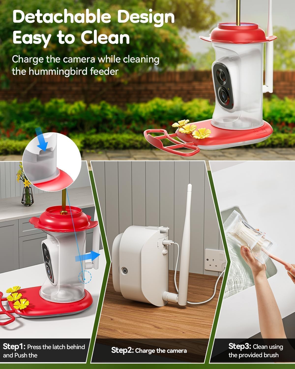 Solar Hummingbird Feeder with Camera, 2K Live View AI Identify Camera
