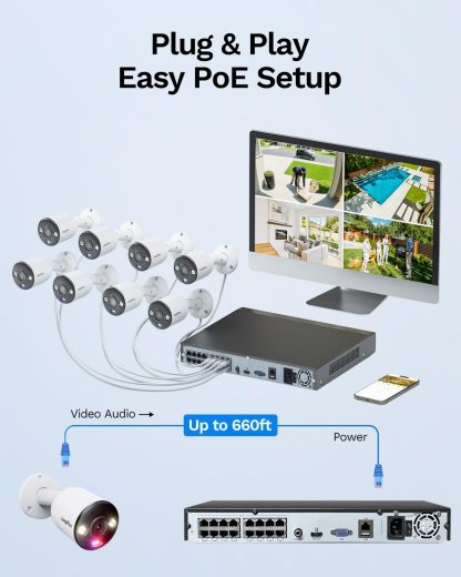 4K PoE Security Camera System, 16CH NVR Kit with 8× 8MP IP Bullet Cameras