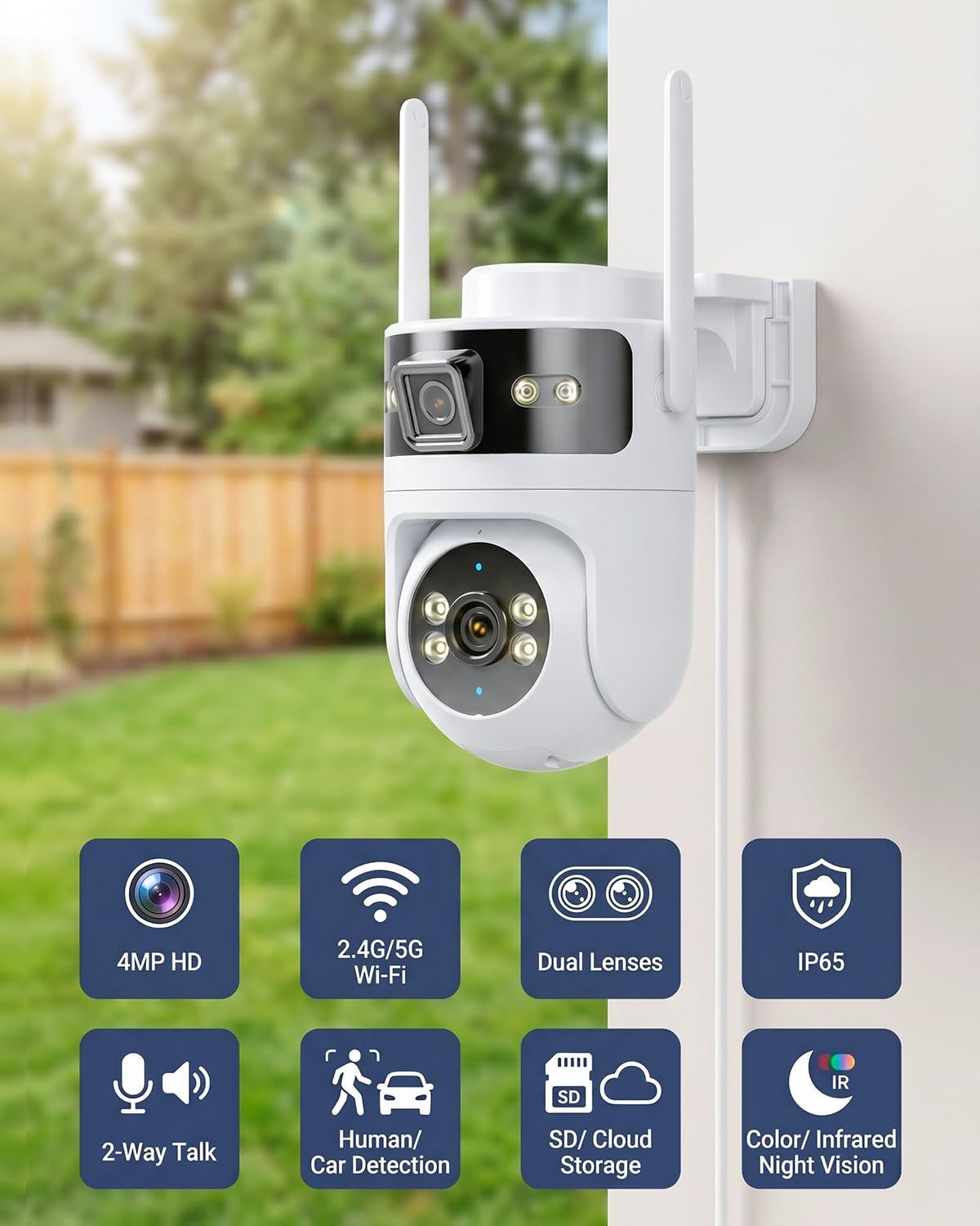 LongPlus Security Camera Outdoor 4MP WiFi Dual-Lens Sync Camera
