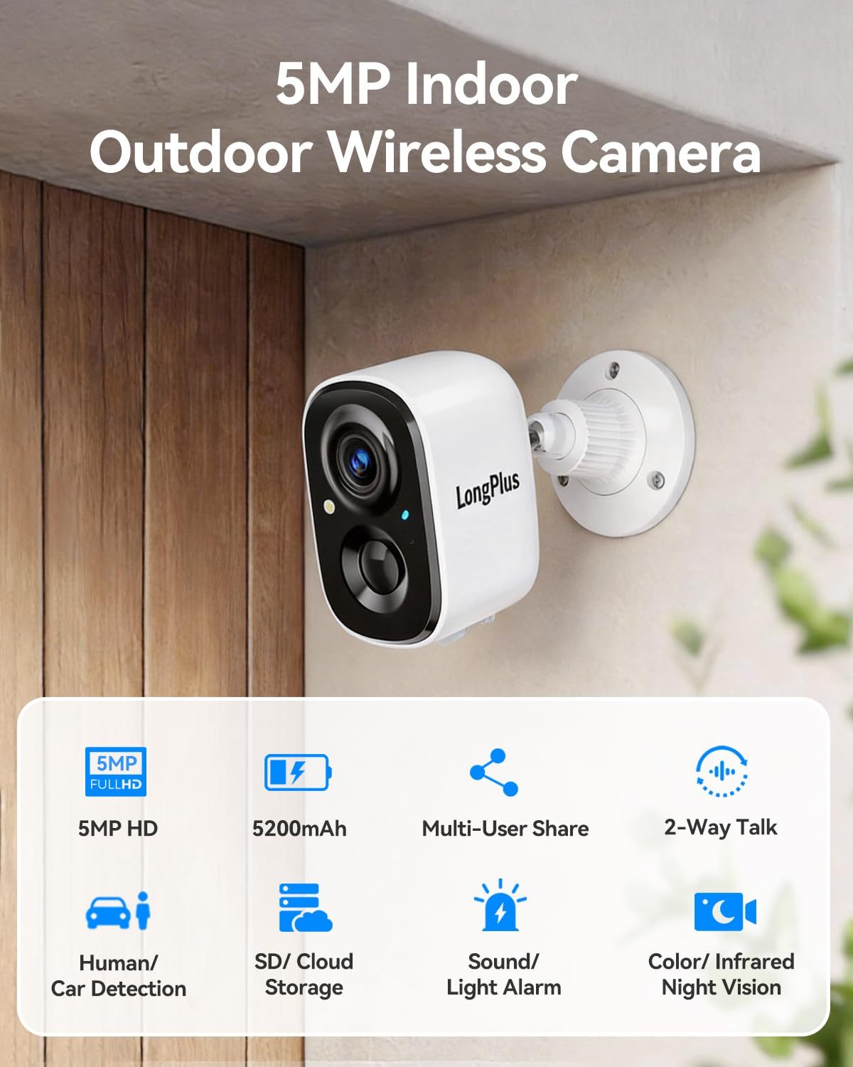 LongPlus 3K Wireless Security Camera Outdoor, WiFi6 Battery Powered Camera