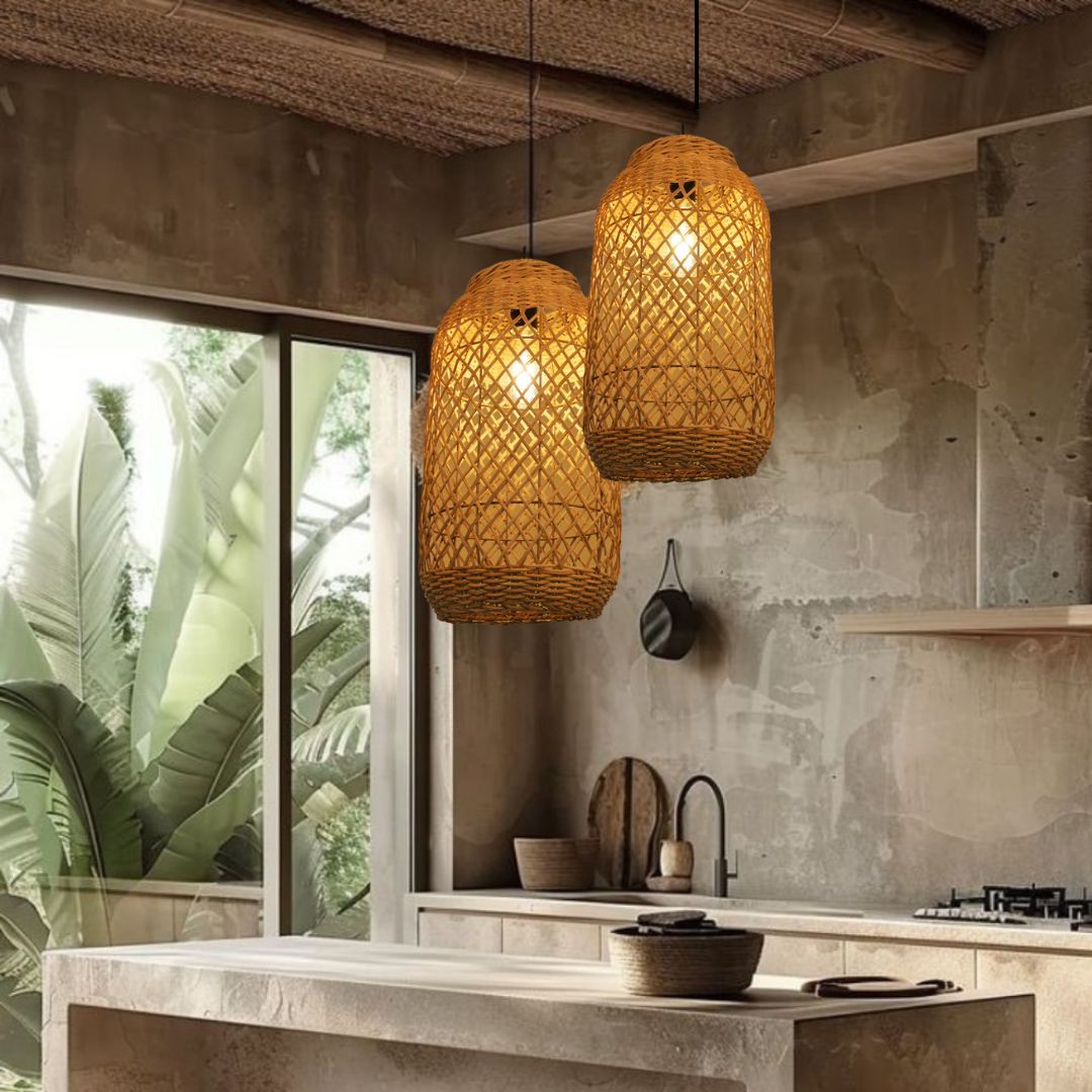 Natural Wabi-sabi style hollow hand-woven cylindrical pendant lgiht shade-labpiecesign