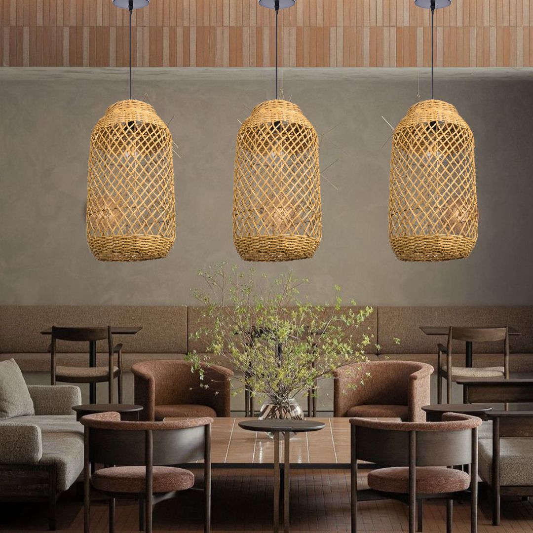 Natural Wabi-sabi style hollow hand-woven cylindrical pendant lgiht shade-labpiecesign