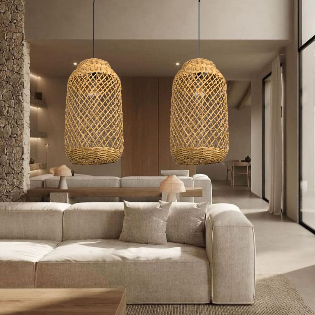 Natural Wabi-sabi style hollow hand-woven cylindrical pendant lgiht shade-labpiecesign