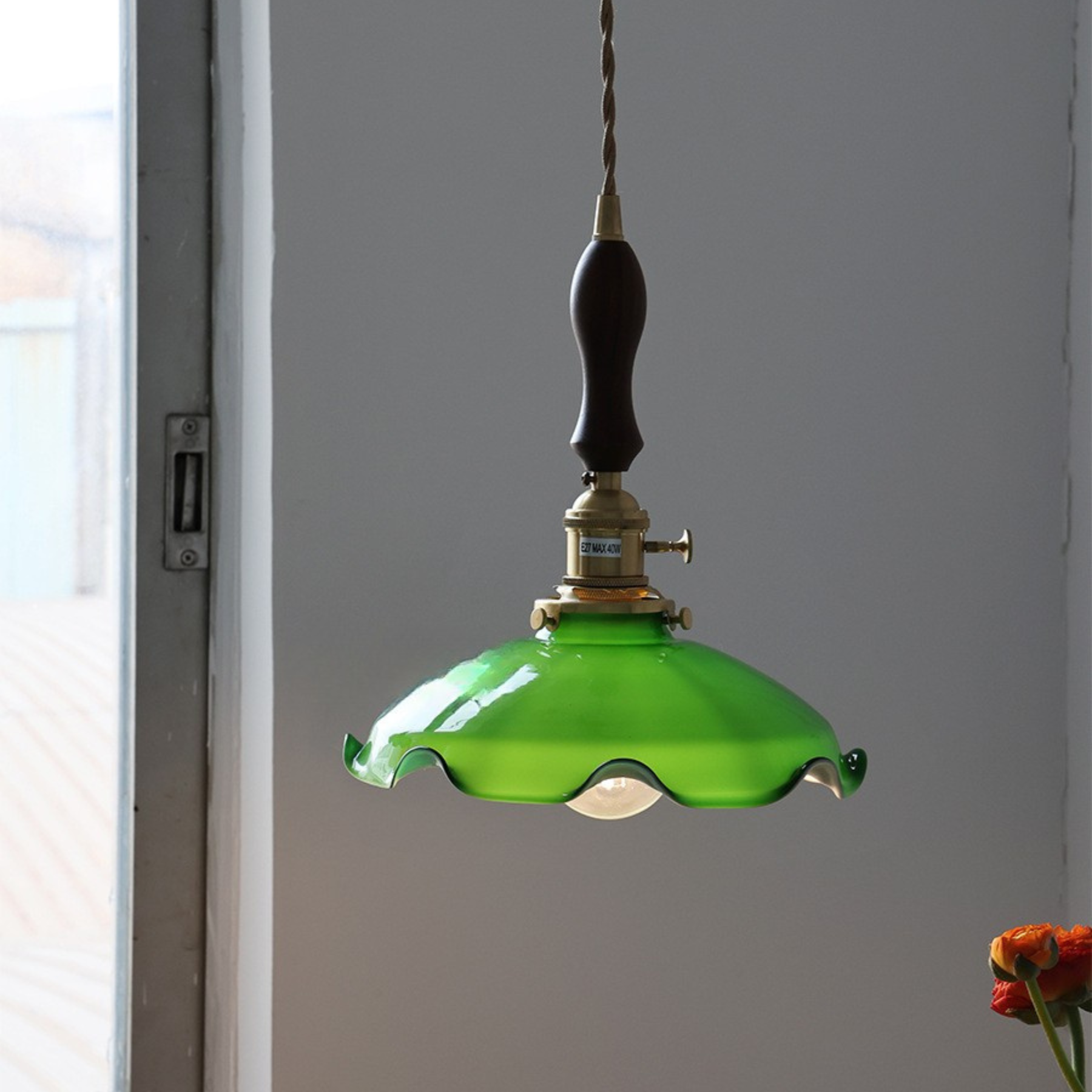 Vintage green small light brass cafe window pendant light