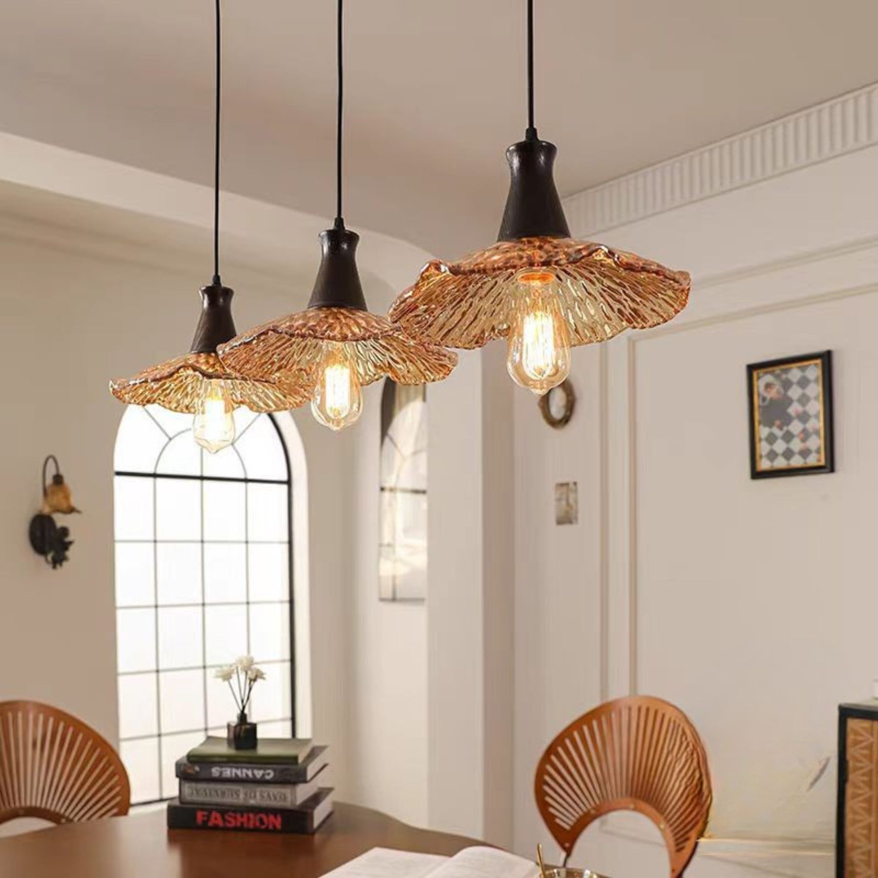 Japanese designer medieval style dining table lamp three-head lotus glass lamp