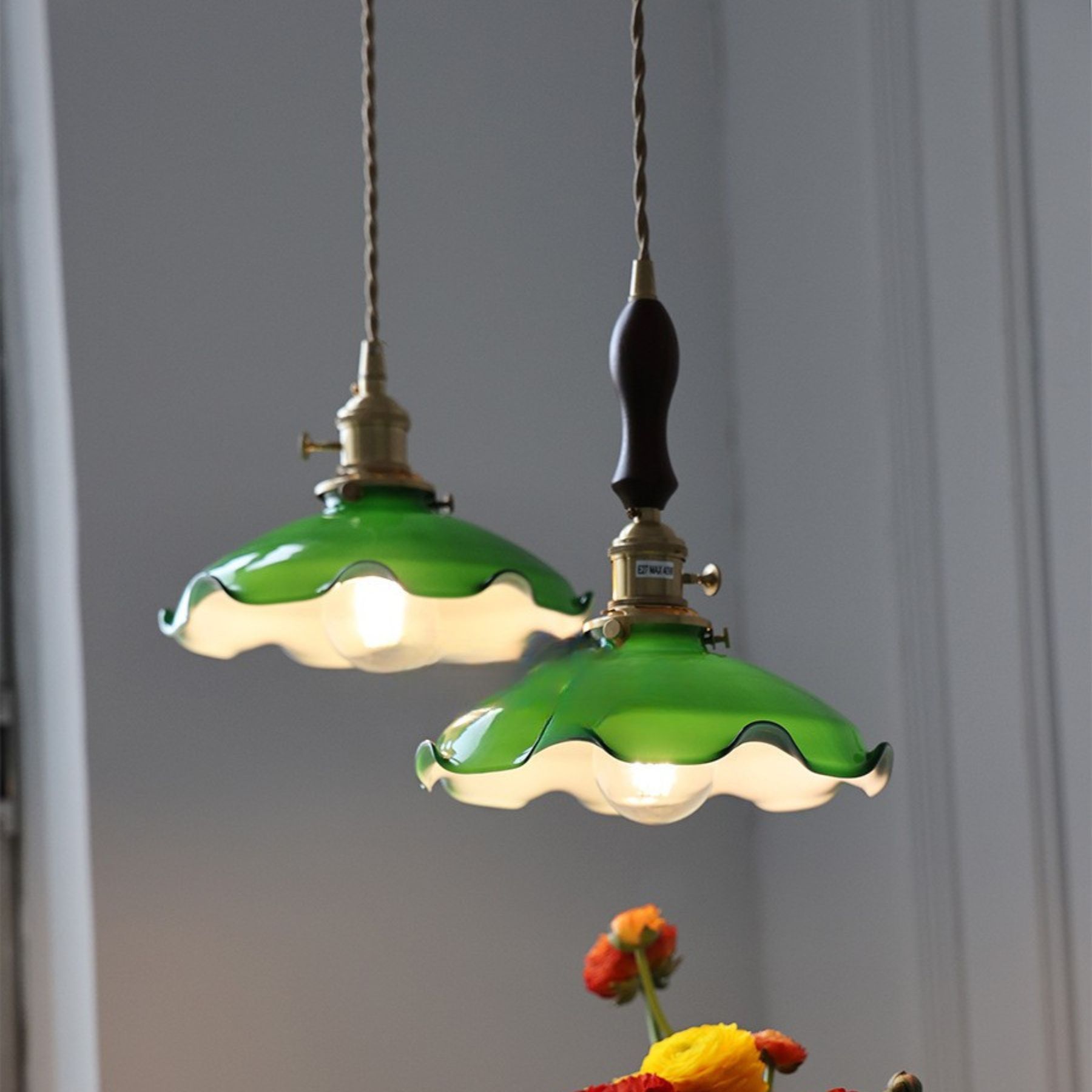 Vintage green small light brass cafe window pendant light