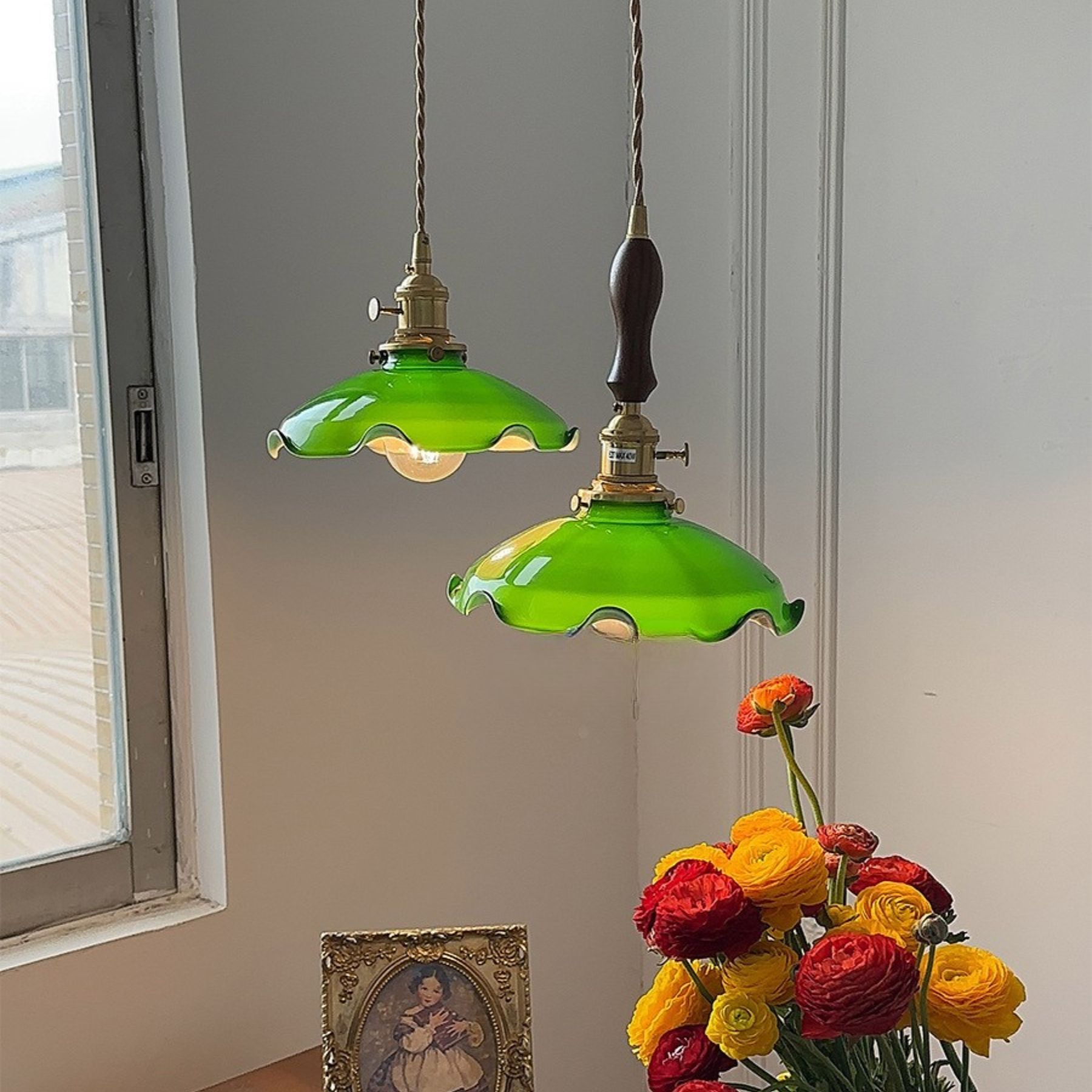 Vintage green small light brass cafe window pendant light