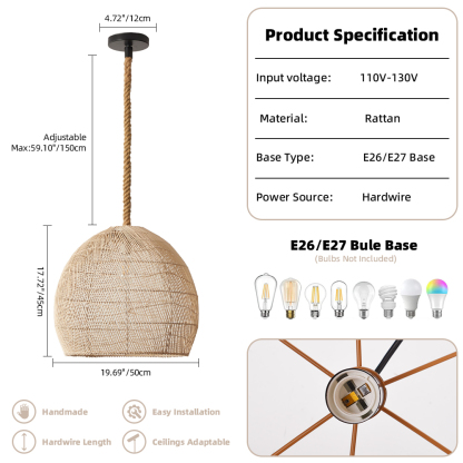 Handmade Rattan Lamp BELL Wicker Lamp Boho Style Lampshade Pendant Lamp