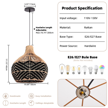 Black Pattern Lampshade Vintage Rattan Pendant Light