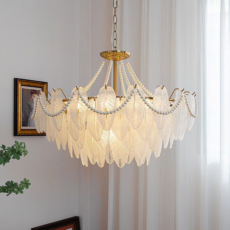 Decorative Pattern Light Luxury Feather Glass Round LED Chandelier