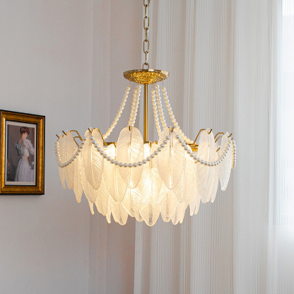 Decorative Pattern Light Luxury Feather Glass Round LED Chandelier-labpiecesign