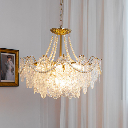Decorative Pattern Light Luxury Feather Glass Round LED Chandelier-labpiecesign