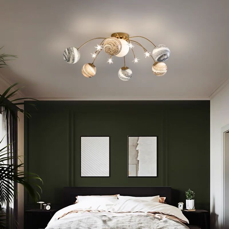 Planet Frosted Glass Semi Flush Ceiling Light Nordic LED Gold Ceiling Mounted Light for Kids Room -labpiecesign