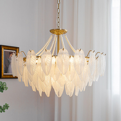 Decorative Pattern Light Luxury Feather Glass Round LED Chandelier-labpiecesign