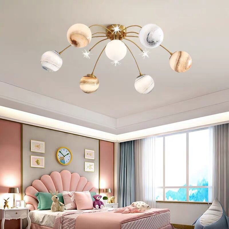Planet Frosted Glass Semi Flush Ceiling Light Nordic LED Gold Ceiling Mounted Light for Kids Room -labpiecesign