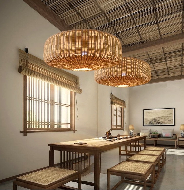 Wabi Sabi style Japanese Large Rattan Pendant Light