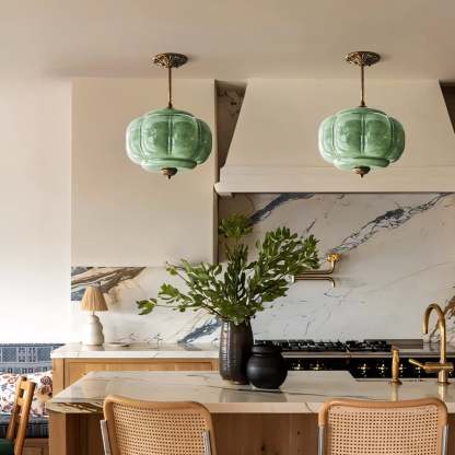Vortan Antique Brass Green Glass Semi-Flush Mount Pendant Lamp