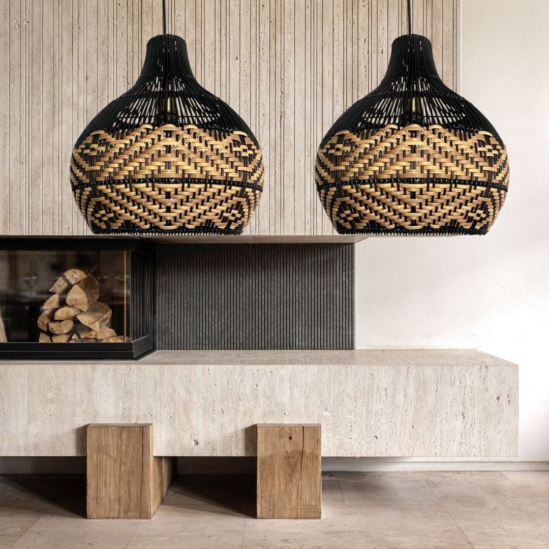 Beach Black Rattan Pendant Light for Kitchen Island-labpiecesign