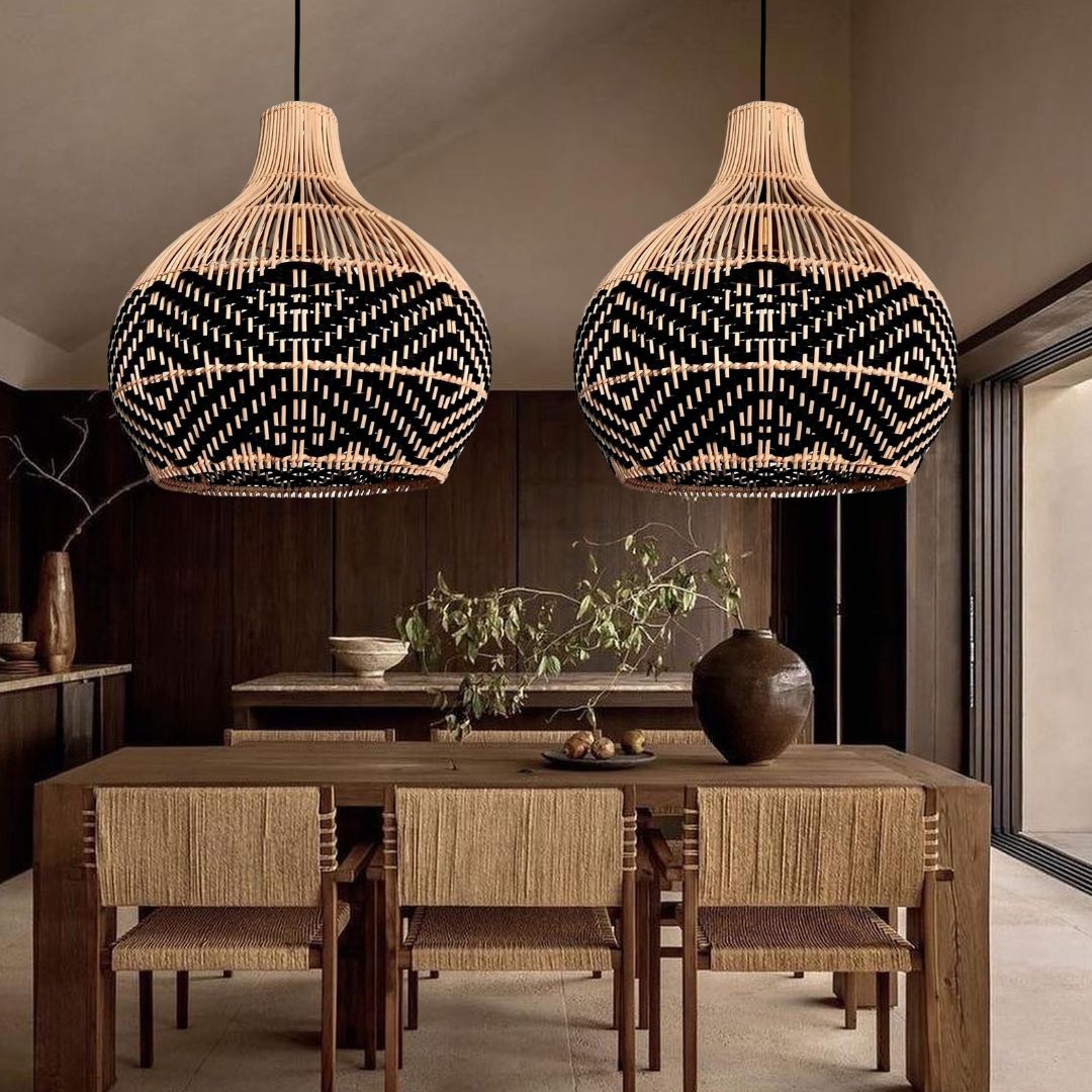 Black Pattern Lampshade Vintage Rattan Pendant Light