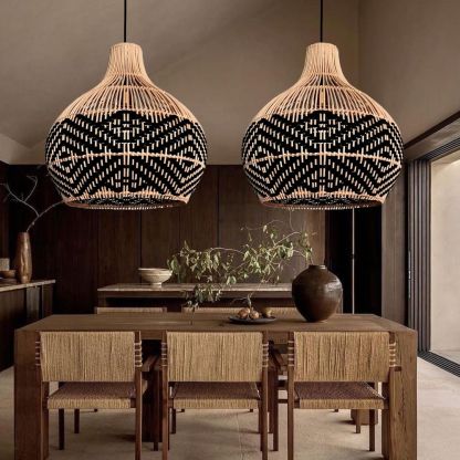 Black Pattern Lampshade Vintage Rattan Pendant Light-labpiecesign