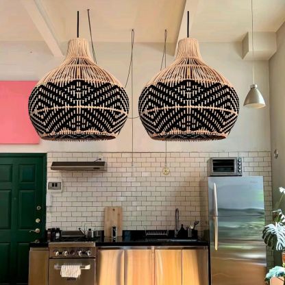 Black Pattern Lampshade Vintage Rattan Pendant Light-labpiecesign