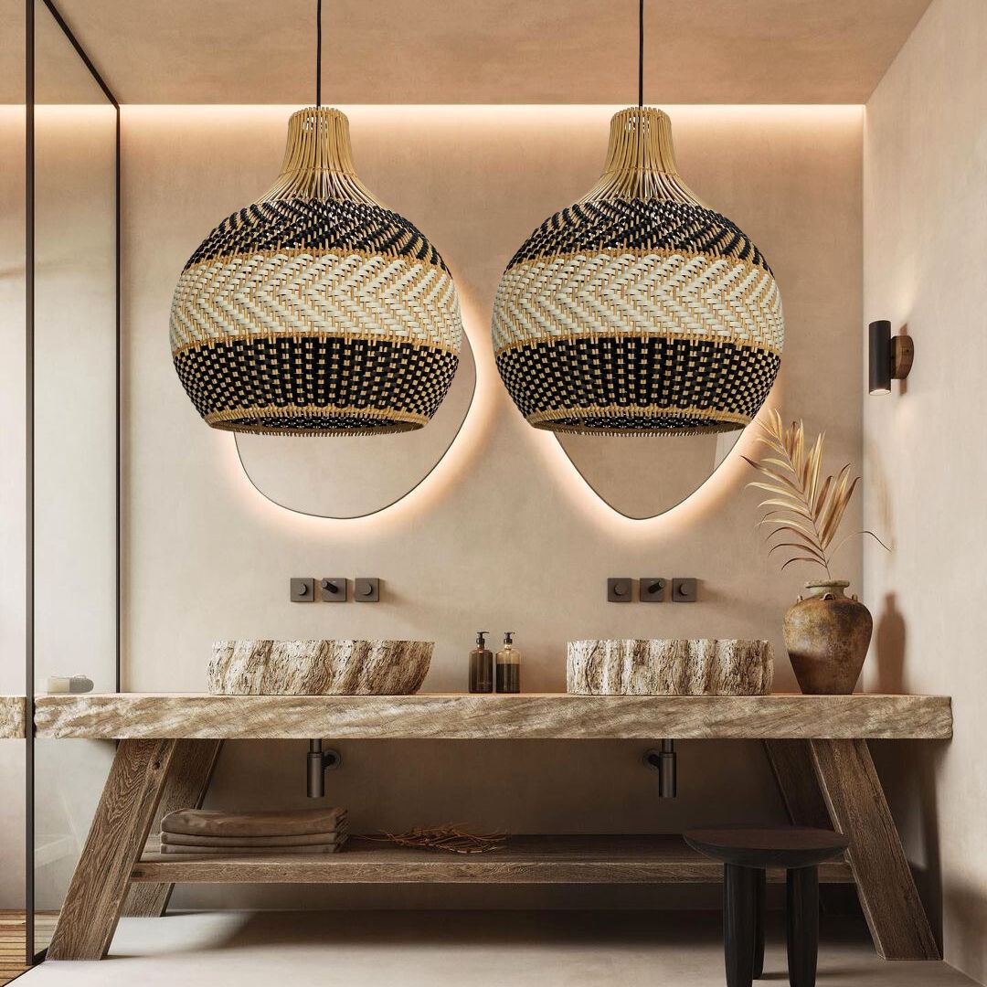 Black And White Stripes Rattan Pendant Light Coastal Interior Design