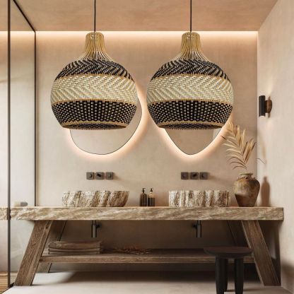 Black And White Stripes Rattan Pendant Light Coastal Interior Design-labpiecesign
