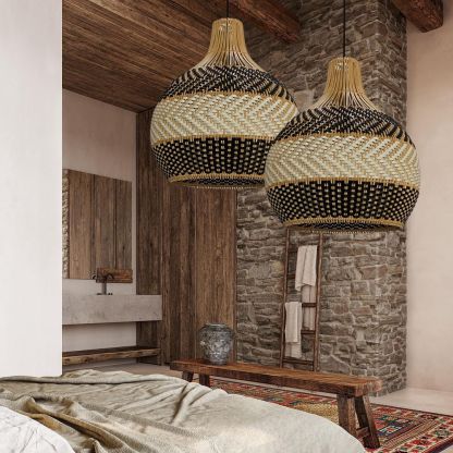 Black And White Stripes Rattan Pendant Light Coastal Interior Design-labpiecesign