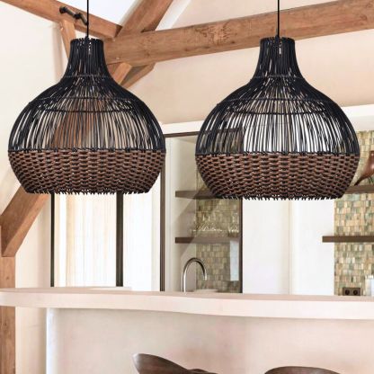 Black Rattan Art Rattan Pendant Light Wicker Chandelier Boho Basket Lighting Fixture-labpiecesign
