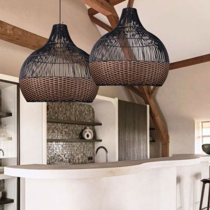 Black Rattan Art Rattan Pendant Light Wicker Chandelier Boho Basket Lighting Fixture-labpiecesign