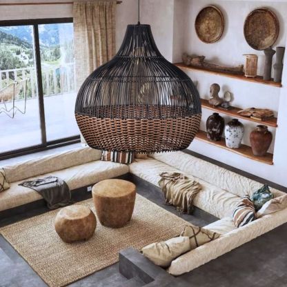 Black Rattan Art Rattan Pendant Light Wicker Chandelier Boho Basket Lighting Fixture-labpiecesign