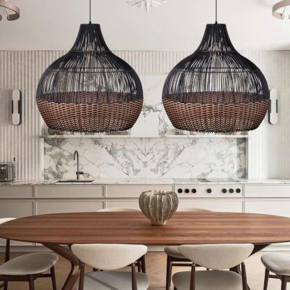 Black Rattan Art Rattan Pendant Light Wicker Chandelier Boho Basket Lighting Fixture-labpiecesign