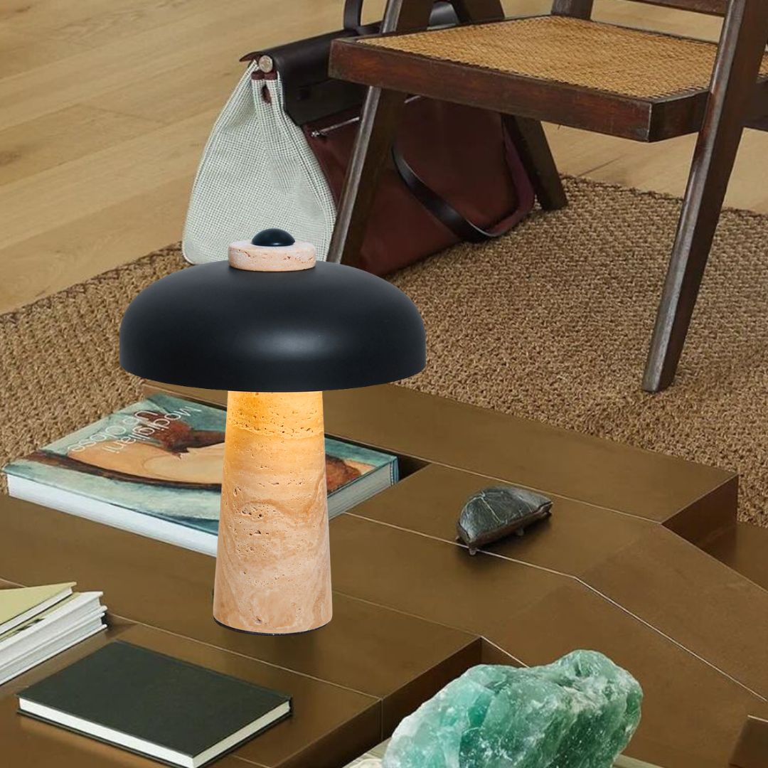Wabi-Sabi Dimmable Travertine Mushroom Table Lamp Bedroom Bedside Lamp-labpiecesign