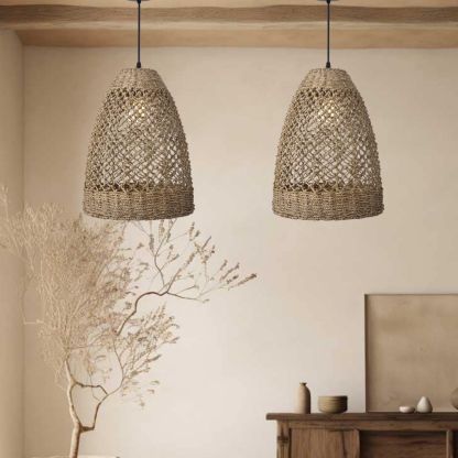 Farmhouse Coastal Boho Hanging Lamp with Handwoven Rattan Woven Pendant Light-labpiecesign