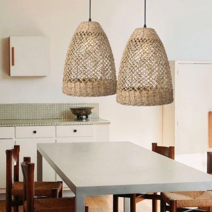 Farmhouse Coastal Boho Hanging Lamp with Handwoven Rattan Woven Pendant Light-labpiecesign