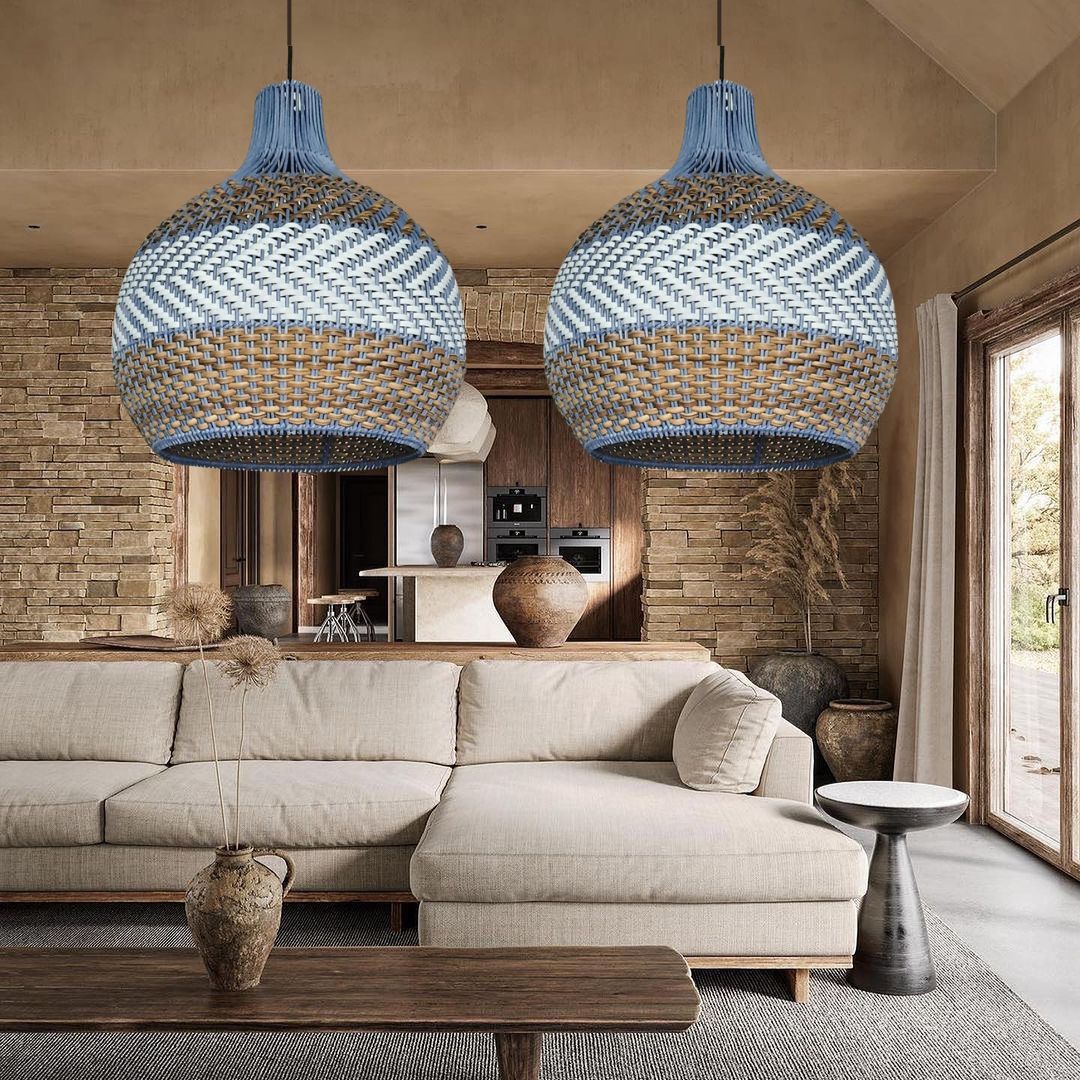 Blue, white and brown striped rattan pendant light-labpiecesign