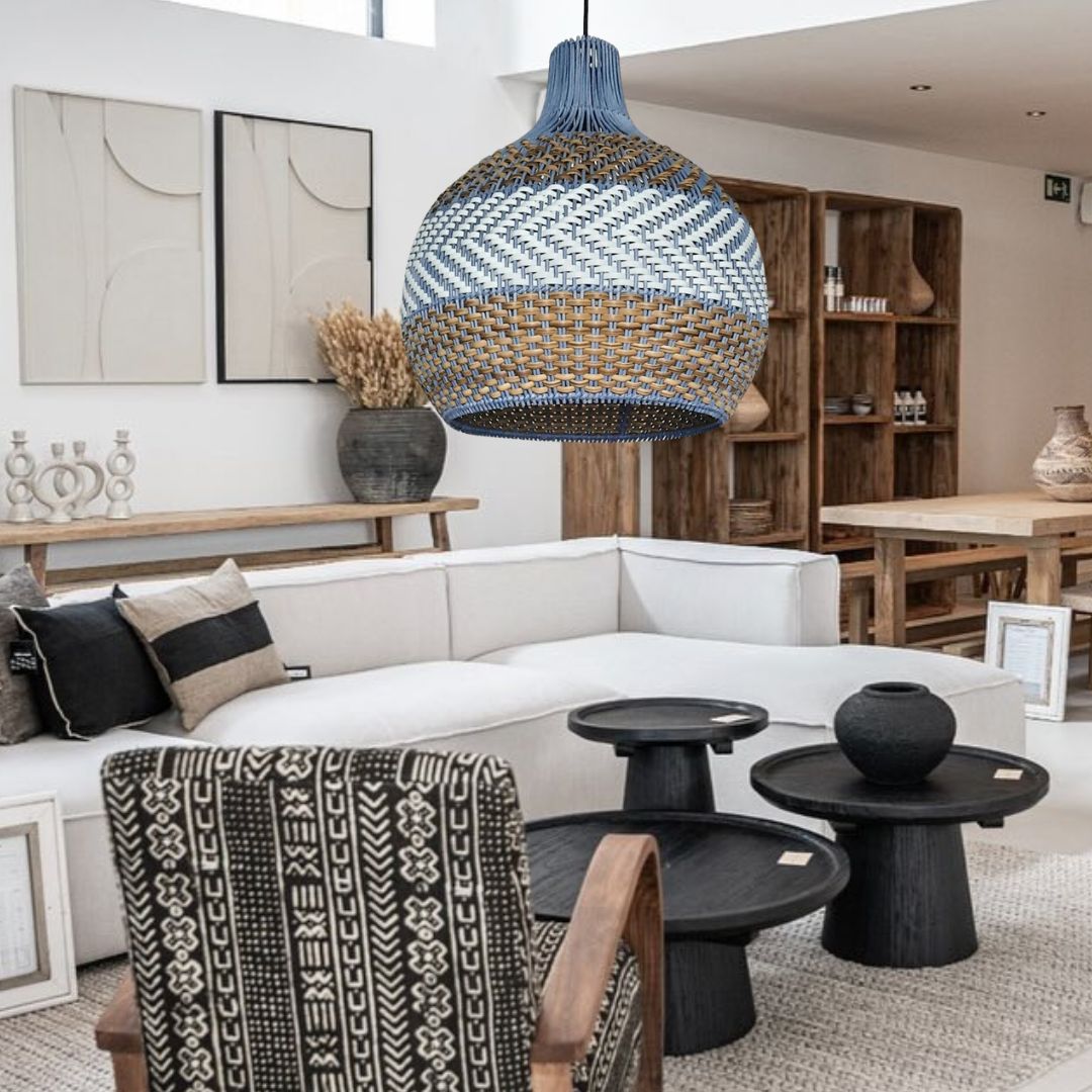 Blue, white and brown striped rattan pendant light-labpiecesign