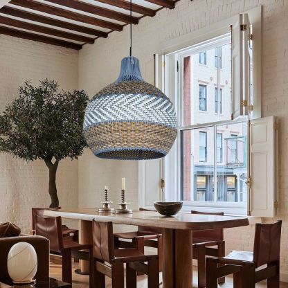 Blue, white and brown striped rattan pendant light-labpiecesign