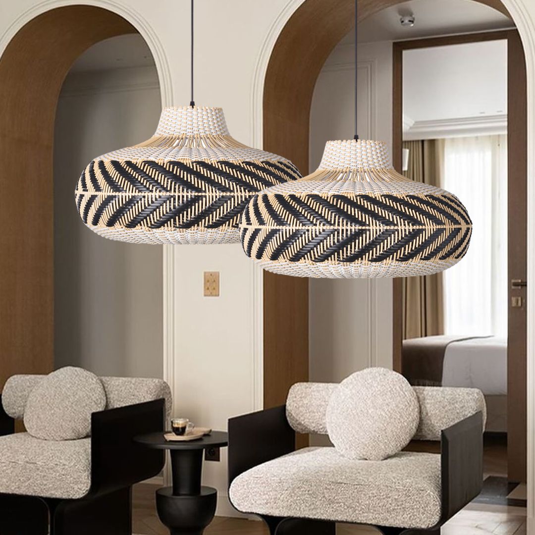 Wicker and Poly-rattan Saucer Shaped Arrow Pendant Lamp in White and Black