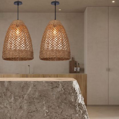 Farmhouse Coastal Boho Hanging Lamp with Handwoven Rattan Woven Pendant Light-labpiecesign