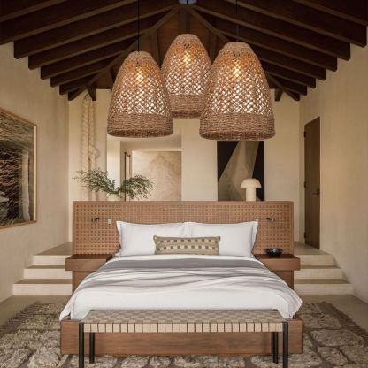 Farmhouse Coastal Boho Hanging Lamp with Handwoven Rattan Woven Pendant Light-labpiecesign