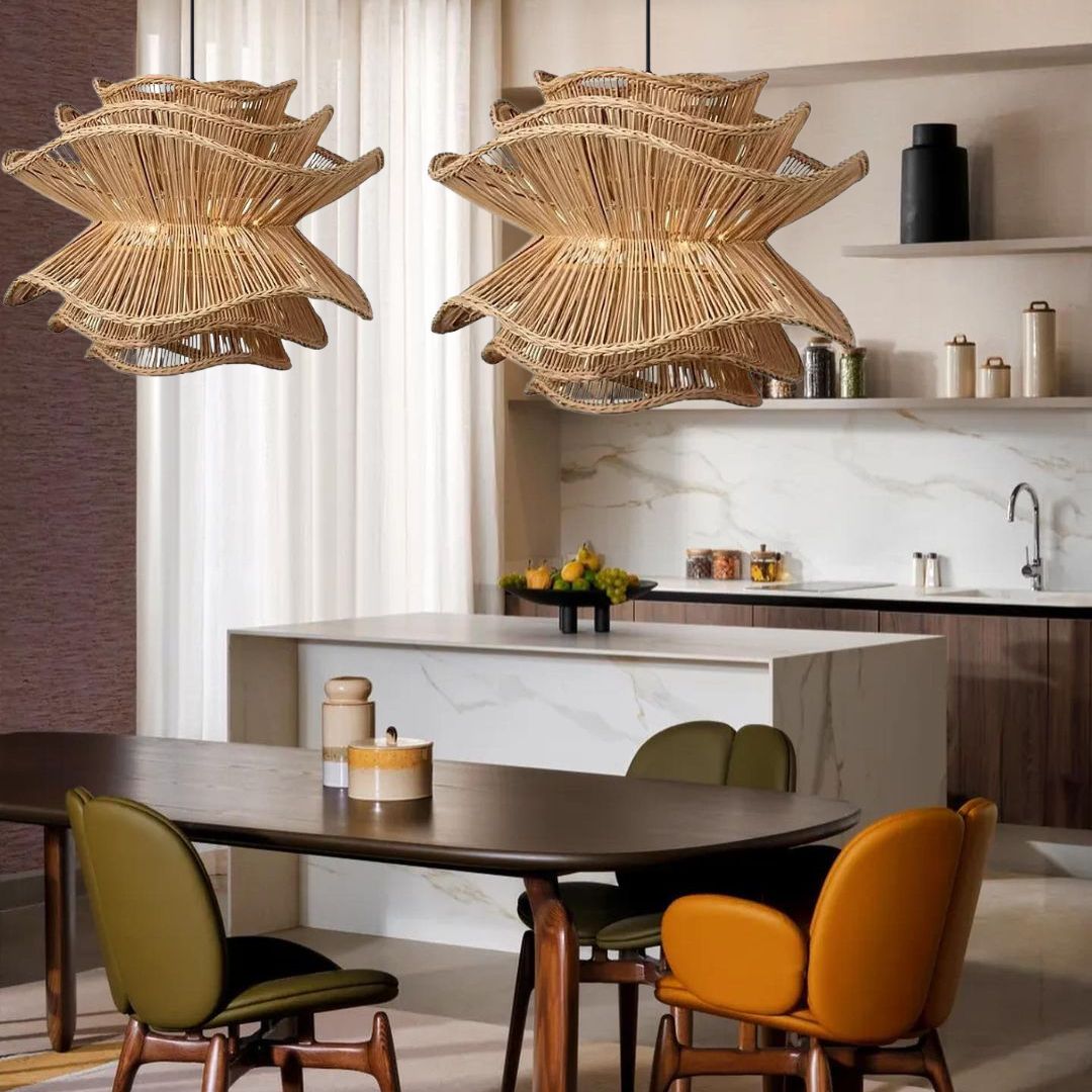 Vietnam Flower Rattan Pendant Light, Wicker Lampshade Chandelier