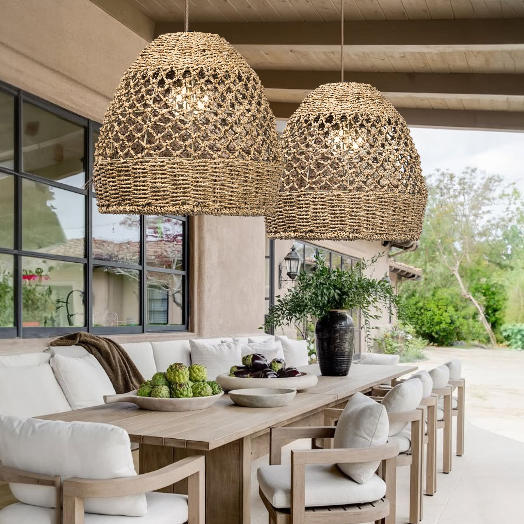 Farmhouse Coastal Boho Hanging Lamp with Handwoven Rattan Woven Pendant Light 