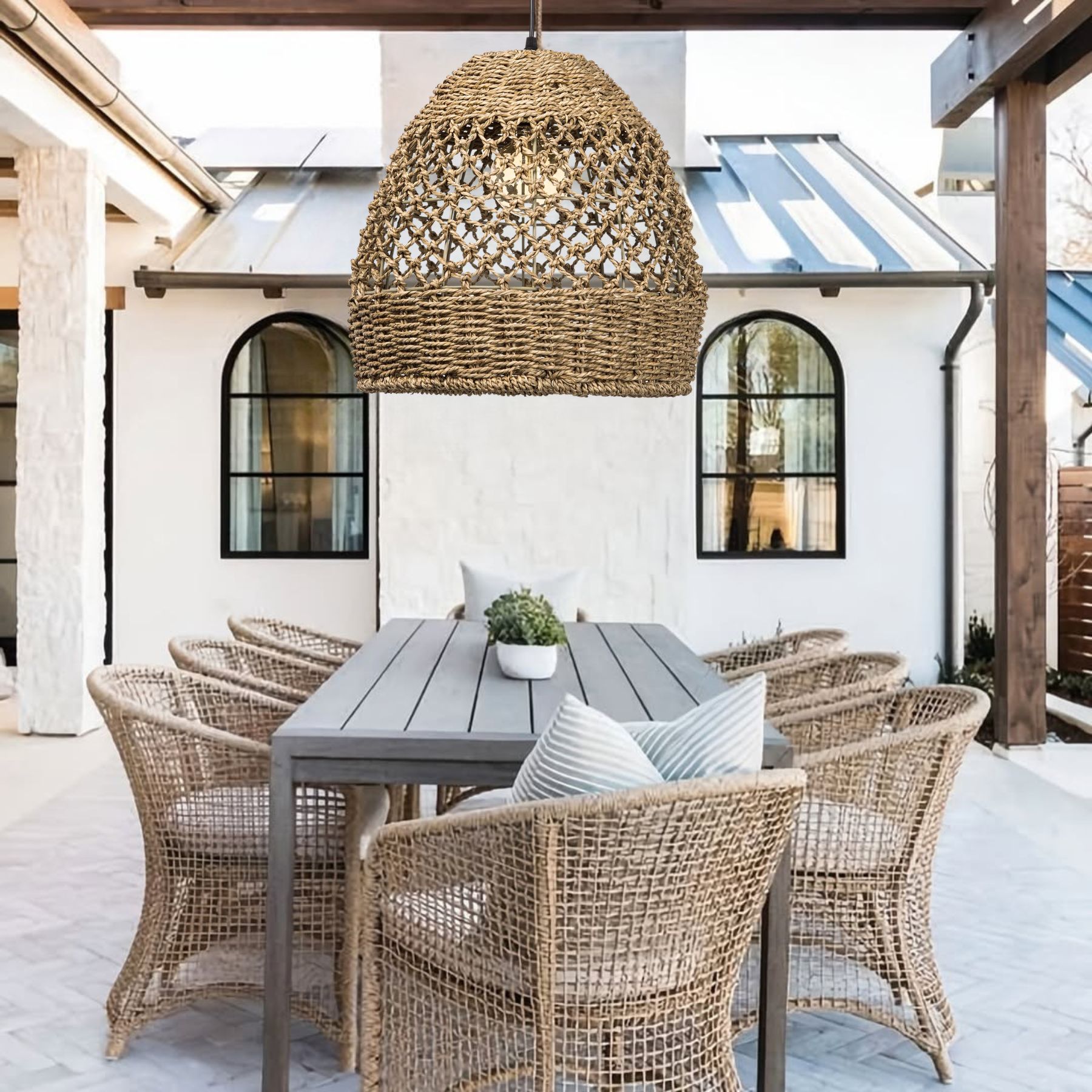 Farmhouse Coastal Boho Hanging Lamp with Handwoven Rattan Woven Pendant Light 
