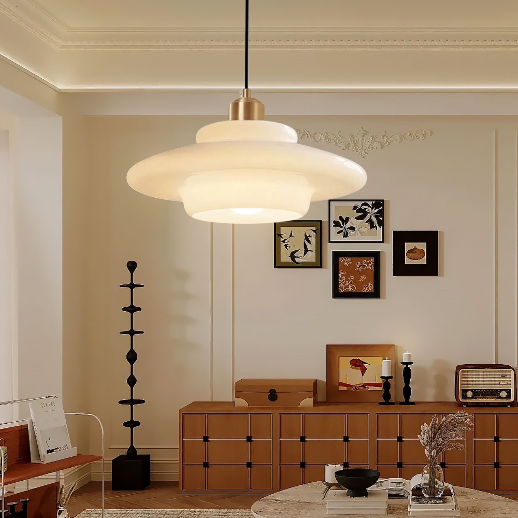 Mid Century Art Milk White Glass Pendant Light