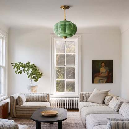 Vortan Antique Brass Green Glass Semi-Flush Mount Pendant Lamp