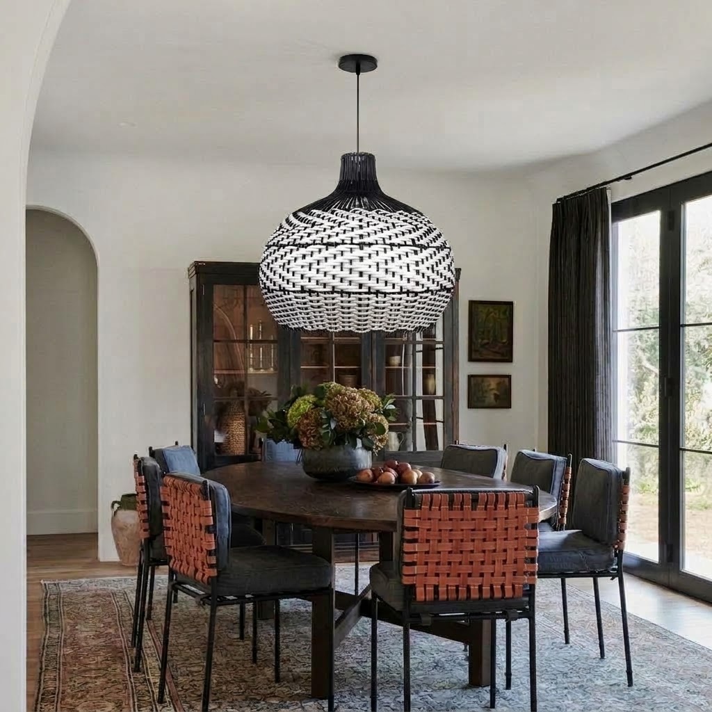 Black & White Woven Rattan Pendant Light – Boho Dome Lighting for Kitchen & Dining