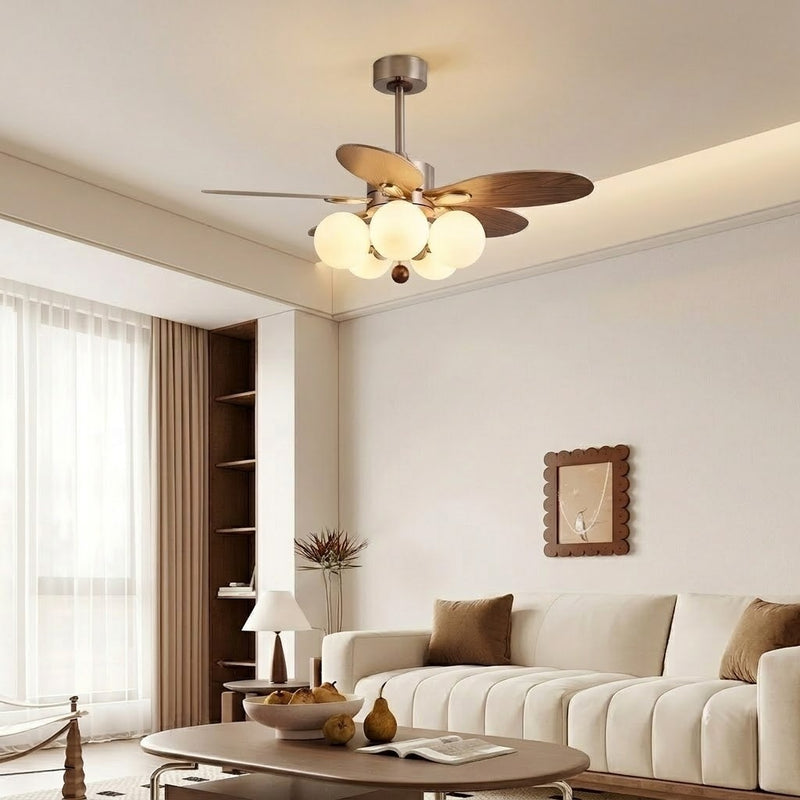Mid-Century Walnut Ceiling Fan with Globe Lights for Living Room