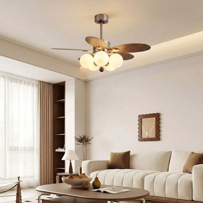 Mid-Century Walnut Ceiling Fan with Globe Lights for Living Room